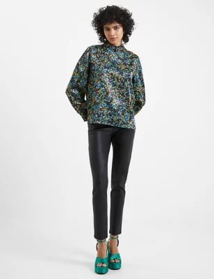 Womens Satin Floral High Neck Top
