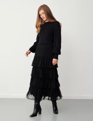 Womens Embroidered Midi Tiered Skirt