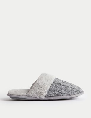 Womens Cable Knit Faux Fur Lined Mule Slippers