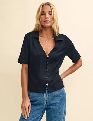 Womens Textured Collared V-Neck Button Through Top