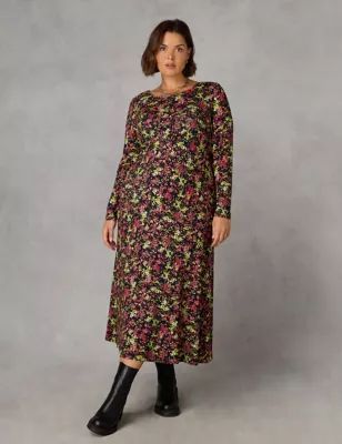 Womens Jersey Ditsy Foral Midi Waisted Dress