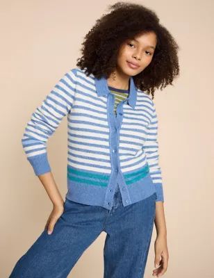 Womens Striped Collared Button Front Cardigan