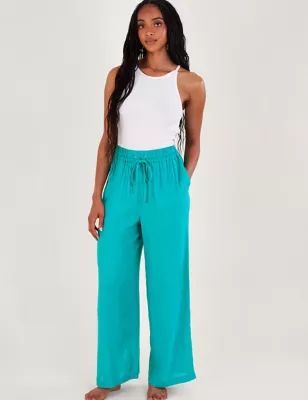 Womens Drawstring Wide Leg Trousers with Linen