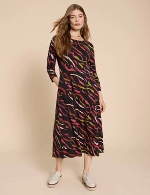 Womens Jersey Printed Round Neck Midi Waisted Dress