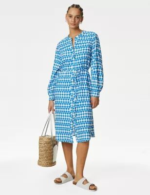 Womens Linen Rich Printed Midi Shirt Dress