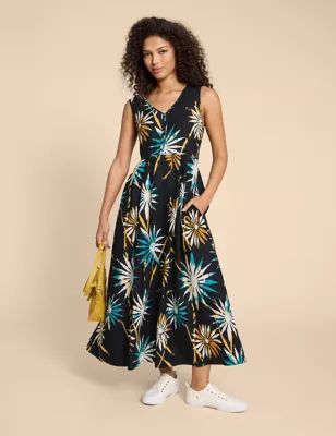 Womens Linen Rich Printed V-Neck Maxi Waisted Dress