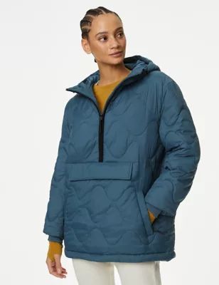 Womens Quilted Half Zip Hooded Puffer Jacket