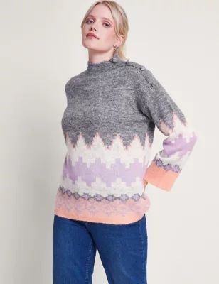 Womens Colour Block Funnel Neck Jumper with Wool