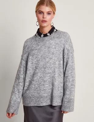Womens Crew Neck Textured Relaxed Jumper with Wool