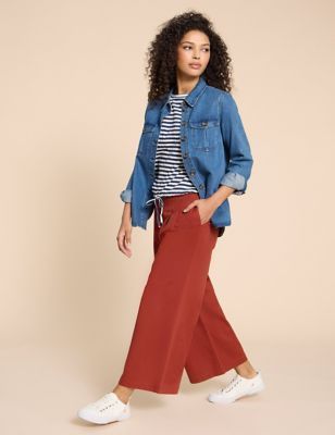 Womens Pure Cotton Wide Leg Cropped Trousers