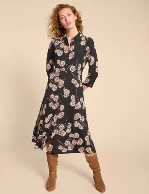 Womens Jersey Floral Button Through Midi Shirt Dress