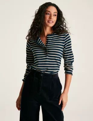 Womens Pure Cotton Striped Frill Detail Top