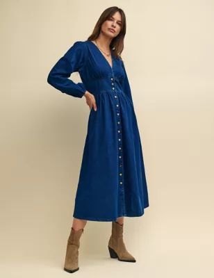 Womens Organic Cotton Denim Midaxi Waisted Dress