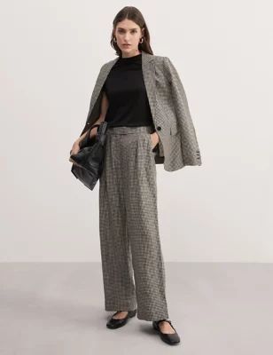 Womens Pure Linen Gingham Wide Leg Trousers