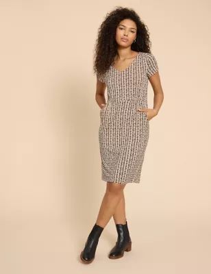 Womens Jersey Printed V-Neck Knee Length Tea Dress