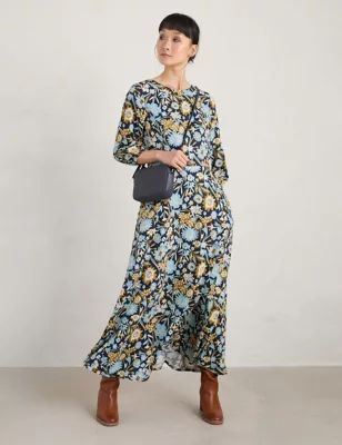 Womens Floral Maxi Waisted Dress with Linen
