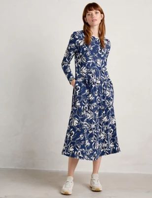 Womens Organic Cotton Floral Waisted Midi Dress
