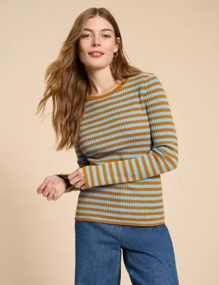 Womens Pure Cotton Ribbed Striped Jumper