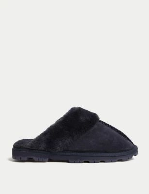 Womens Suede Faux Fur Lined Mule Slippers