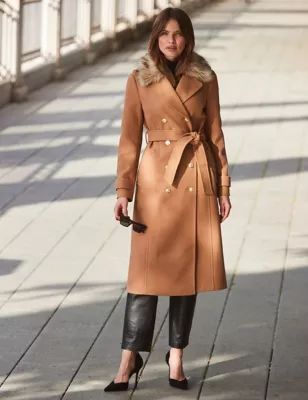 Womens Belted Collared Longline Tailored Coat