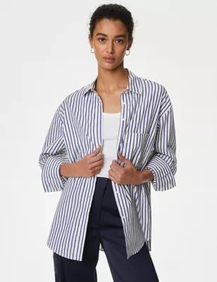 Womens Pure Cotton Striped Collared Shirt
