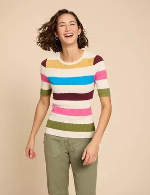 Womens Pure Cotton Striped Ribbed Jumper
