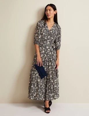 Womens Floral V-Neck Midaxi Tiered Wrap Dress