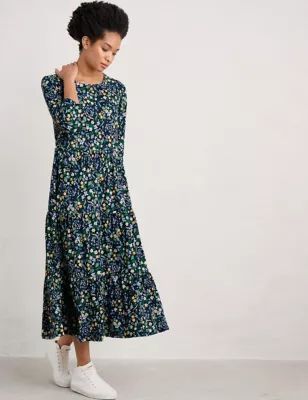 Womens Organic Cotton Floral Midaxi Tiered Dress