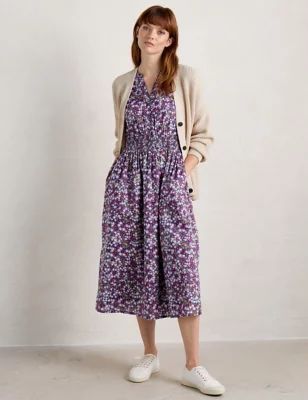 Womens Organic Cotton Floral V-Neck Midi Dress