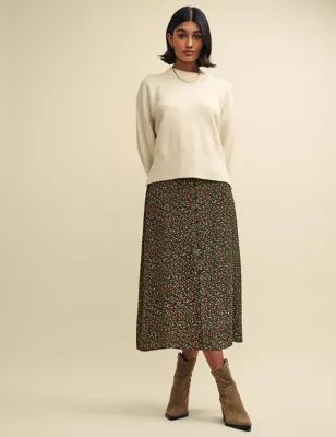 Womens Floral Midi A-Line Skirt