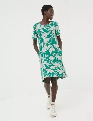Womens Jersey Leaf Print Knee Length Shift Dress