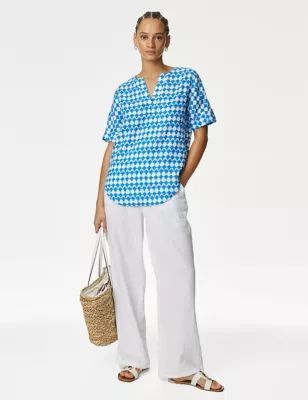 Womens Pure Linen Printed V-Neck Popover Blouse