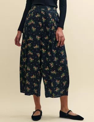 Womens Floral Wide Leg Cropped Trousers