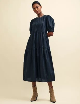 Womens Organic Cotton Midi Tiered Dress