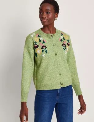 Womens Recycled Blend Embroidered Crew Neck Cardigan
