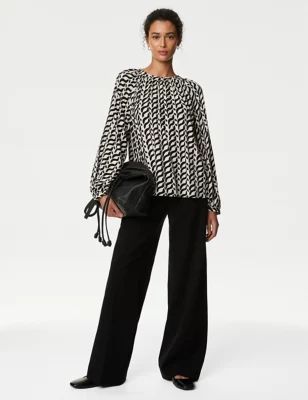 Womens Round-Neck Printed Popover Blouse