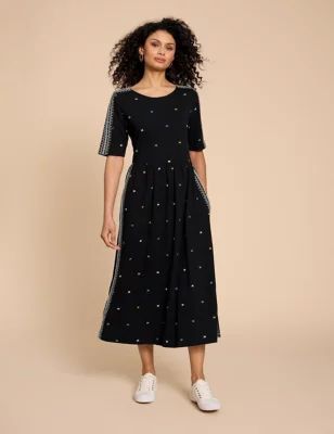 Womens Organic Cotton Embroidered Midi Tea Dress