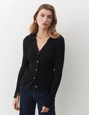 Womens Ribbed Collared Button Front Cardigan