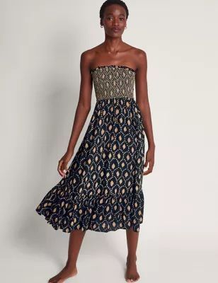 Womens Printed Bandeau Shirred Midi Tiered Dress