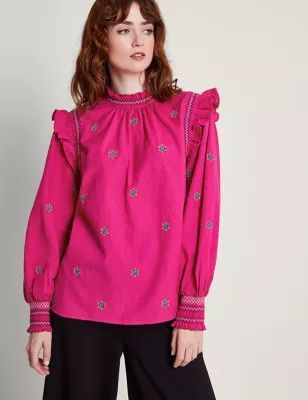 Womens Pure Cotton Embroidered High Neck Blouse