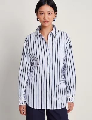 Womens Pure Cotton Striped Collared Longline Shirt