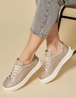 Womens Leather Lace Up Perforated Flatform Trainers