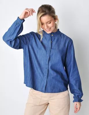 Womens Pure Cotton Collarless Frill Detail Shirt