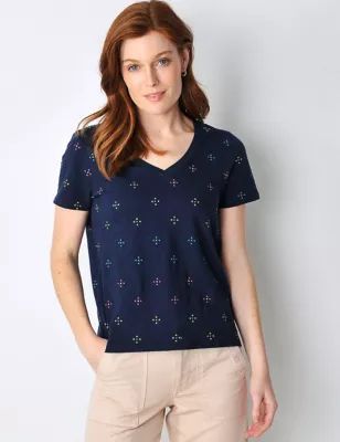 Womens Pure Cotton Embroidered V-Neck T-Shirt