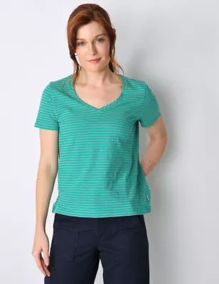Womens Pure Cotton Striped V-Neck T-Shirt