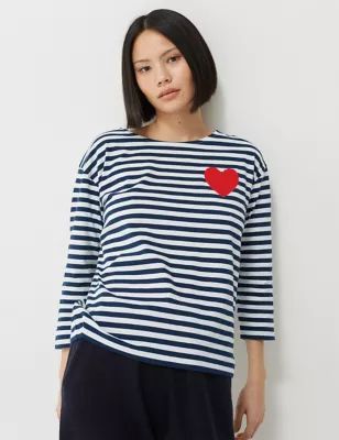 Womens Pure Cotton Striped Heart T-Shirt