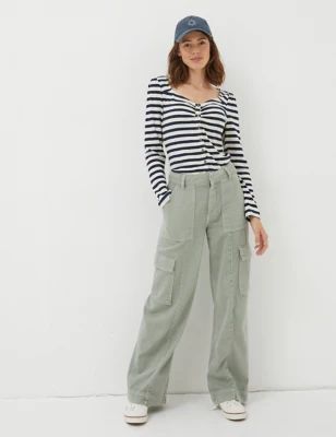 Womens Pure Cotton Cargo Wide Leg Trousers