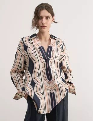 Womens Pure Linen Patterned Relaxed Shirt