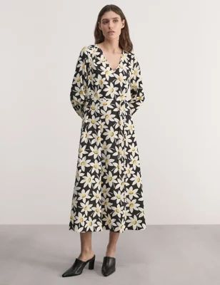 Womens Pure Silk Floral V-Neck Midi Dress