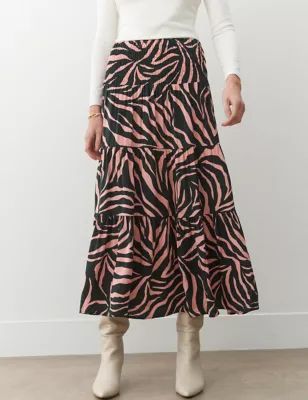 Womens Animal Print Midi Tiered Skirt